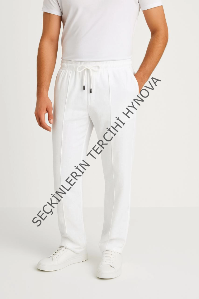 Erkek Keten Pantolon – Cepli, Beli Lastikli Ve Bağcıklı, Nefes Alan Rahat Kalıp, Yazlık Ve Baharlık Günlük Giyim, Şık - Konforlu Boru Paça Model - Beyaz
