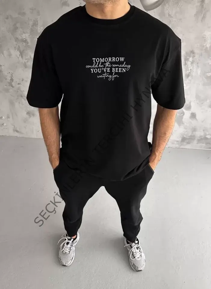 Unisex Bisiklet Yaka Baskılı Oversize T-Shirt - Siyah