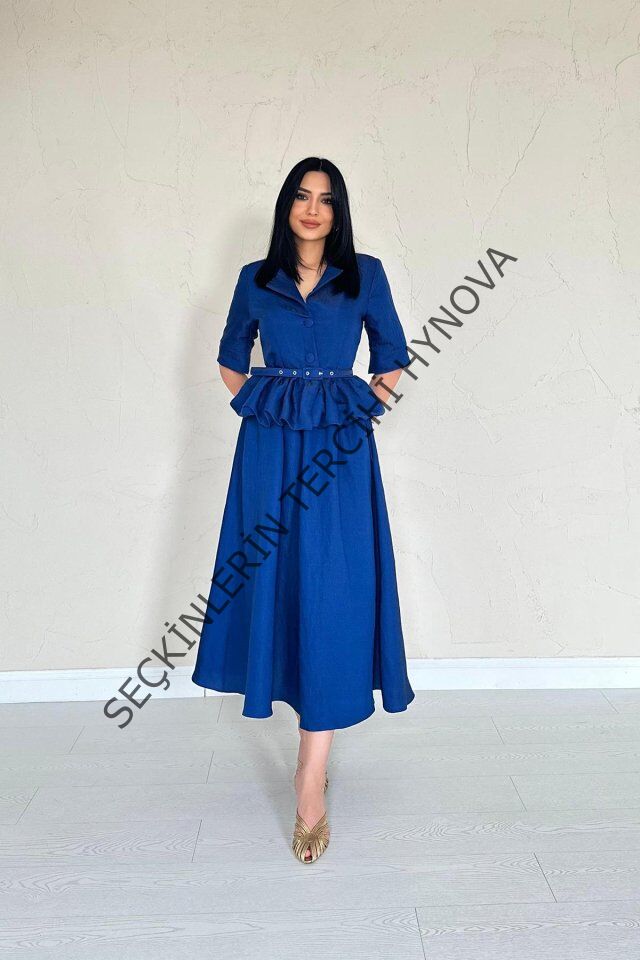 Lacivert İnce Kemerli Fırfırlı Ceket Ve Büzgülü Etek Takım