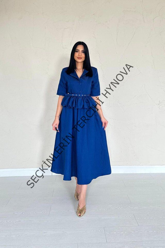 Lacivert İnce Kemerli Fırfırlı Ceket Ve Büzgülü Etek Takım