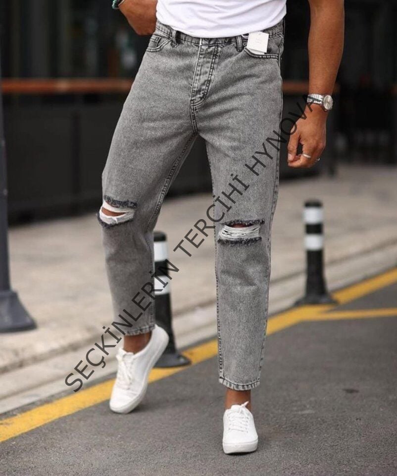 Erkek Gri Yıkama Yırtık Detaylı Boyfriend Jean