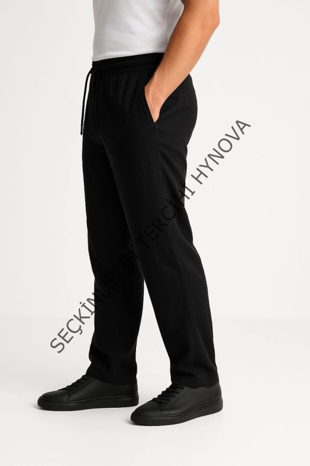 Erkek Keten Pantolon – Cepli, Beli Lastikli Ve Bağcıklı, Nefes Alan Rahat Kalıp, Yazlık Ve Baharlık Günlük Giyim, Şık - Konforlu Boru Paça Model - Siyah