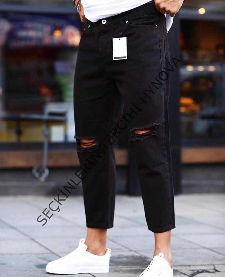 Erkek Siyah Dizi Yırtık Boyfriend Jean