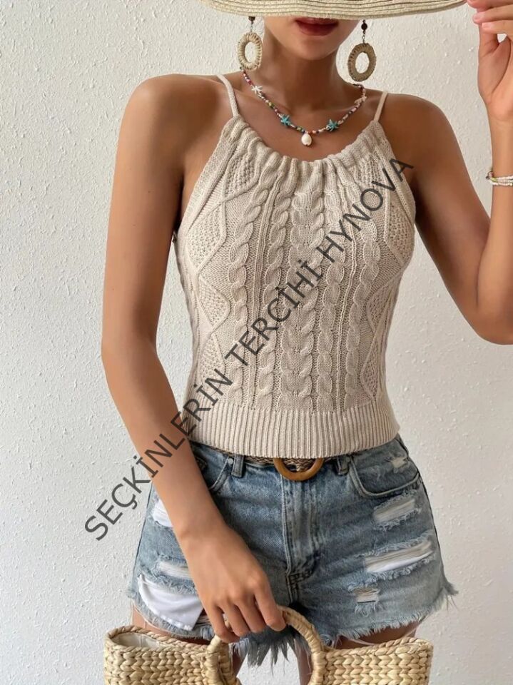 Kadın Sıfır Kol Boyun Bağlama Detay Sırt Dekolte Triko Bluz