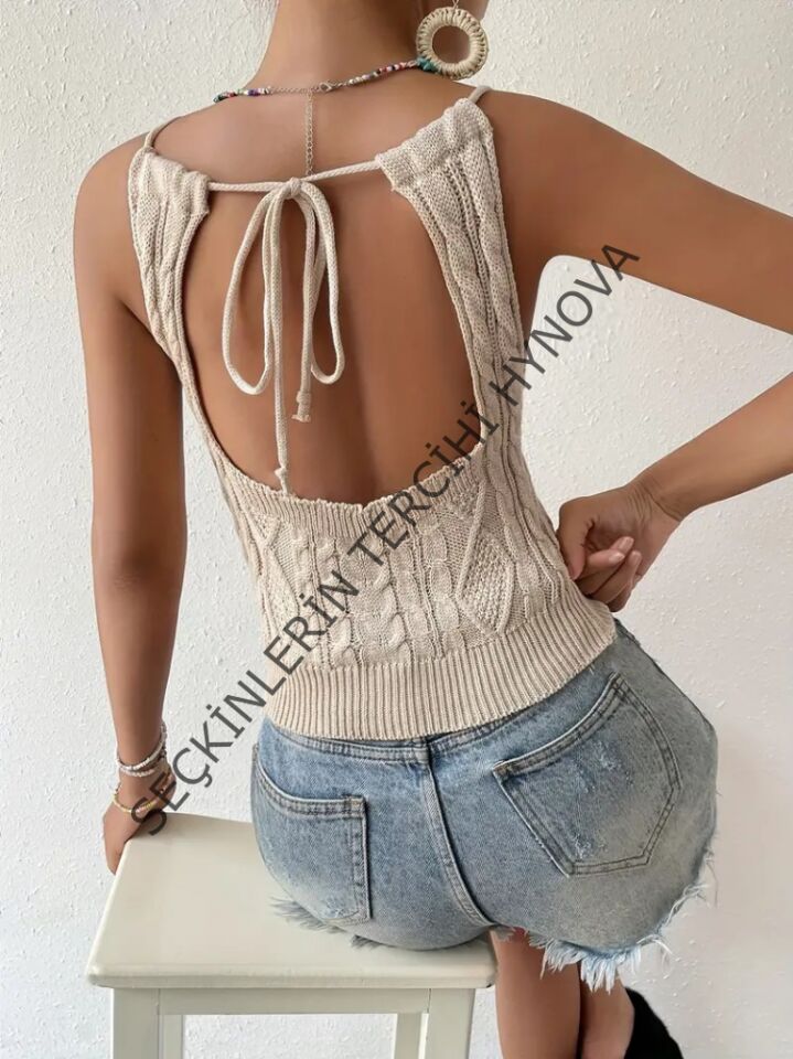 Kadın Sıfır Kol Boyun Bağlama Detay Sırt Dekolte Triko Bluz