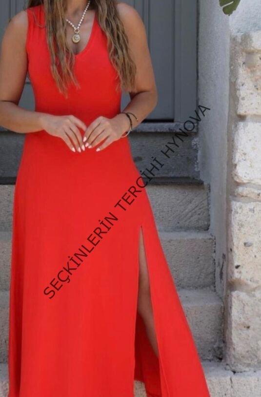 Kadın Askılı V Yakalı Yırtmaçlı Viskon Elbise