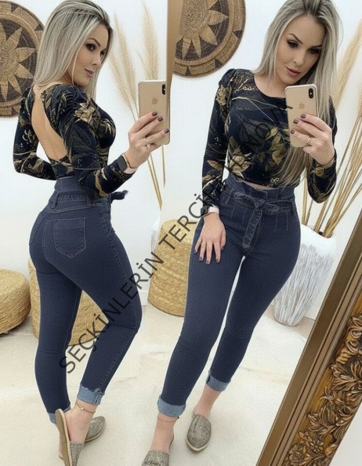 Kadın Yüksek Bel Düğmeli Yırtık Kot Pantolon