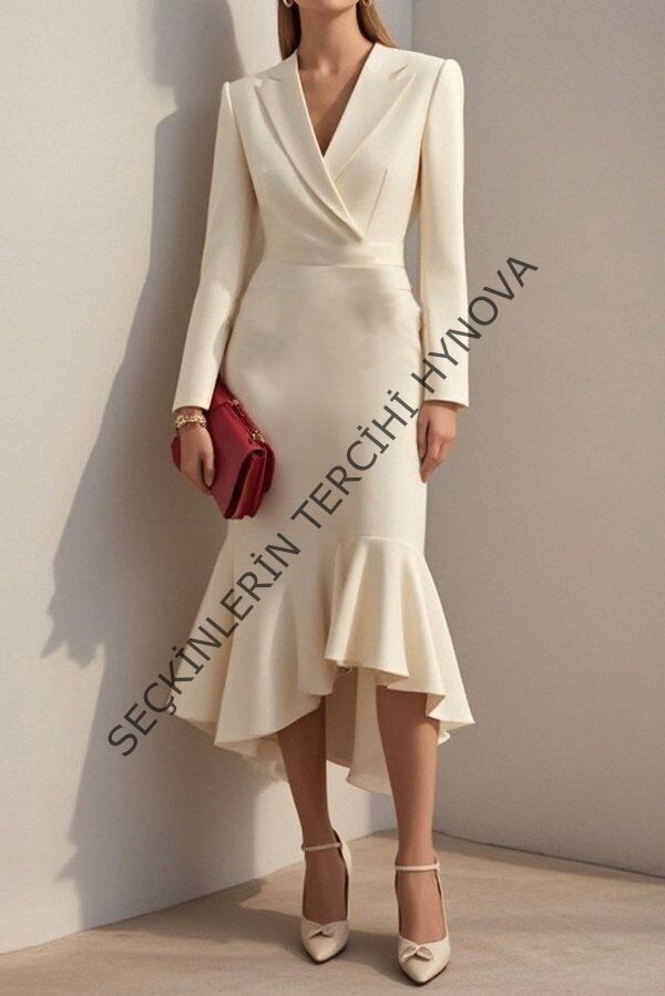 Kadın Uzun Kollu Yakalı Belden Oturtmalı Midi Ithal Krep Elbise