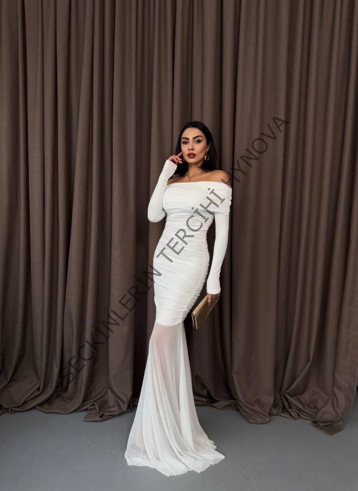 Tül Detaylı Straplez Elbise