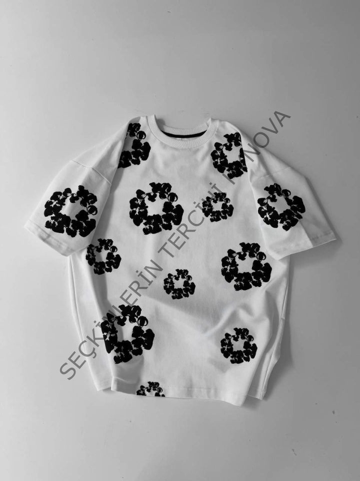 Ön Ve Arka Baskılı Oversize Bisiklet Yaka T-shirt- Beyaz