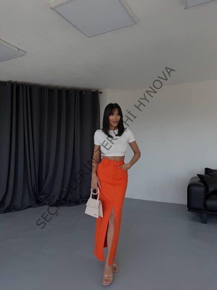 GABARDİN UZUN ÖNDEN YIRTMAÇLI ETEK - Turuncu