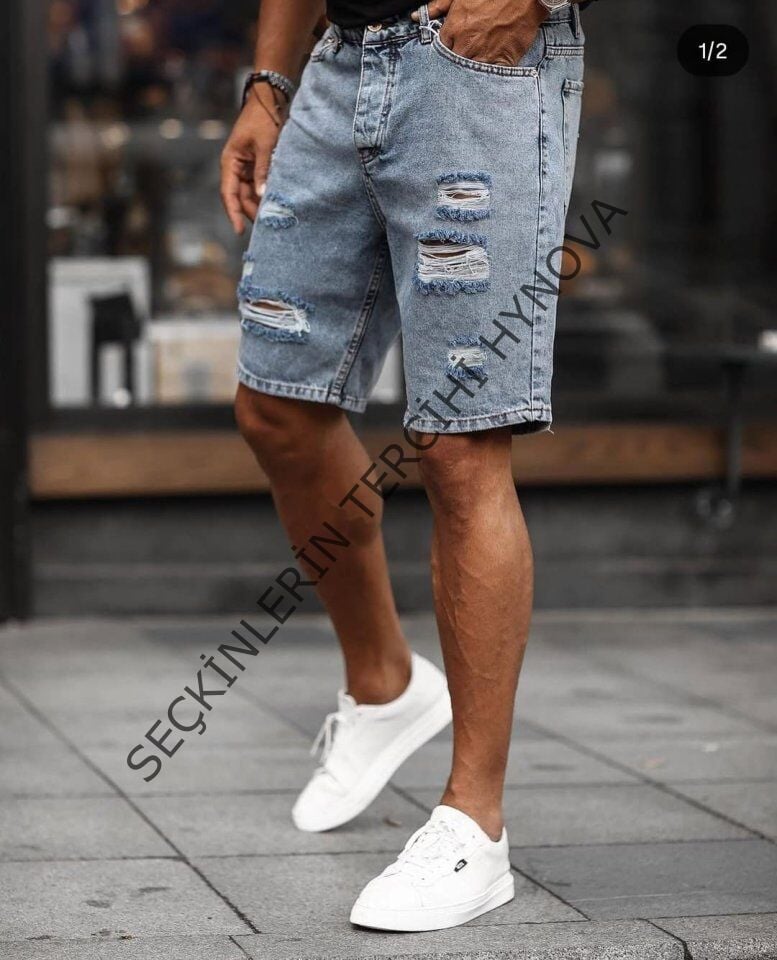Erkek Buz Mavi Yırtık Detaylı Kot Şort