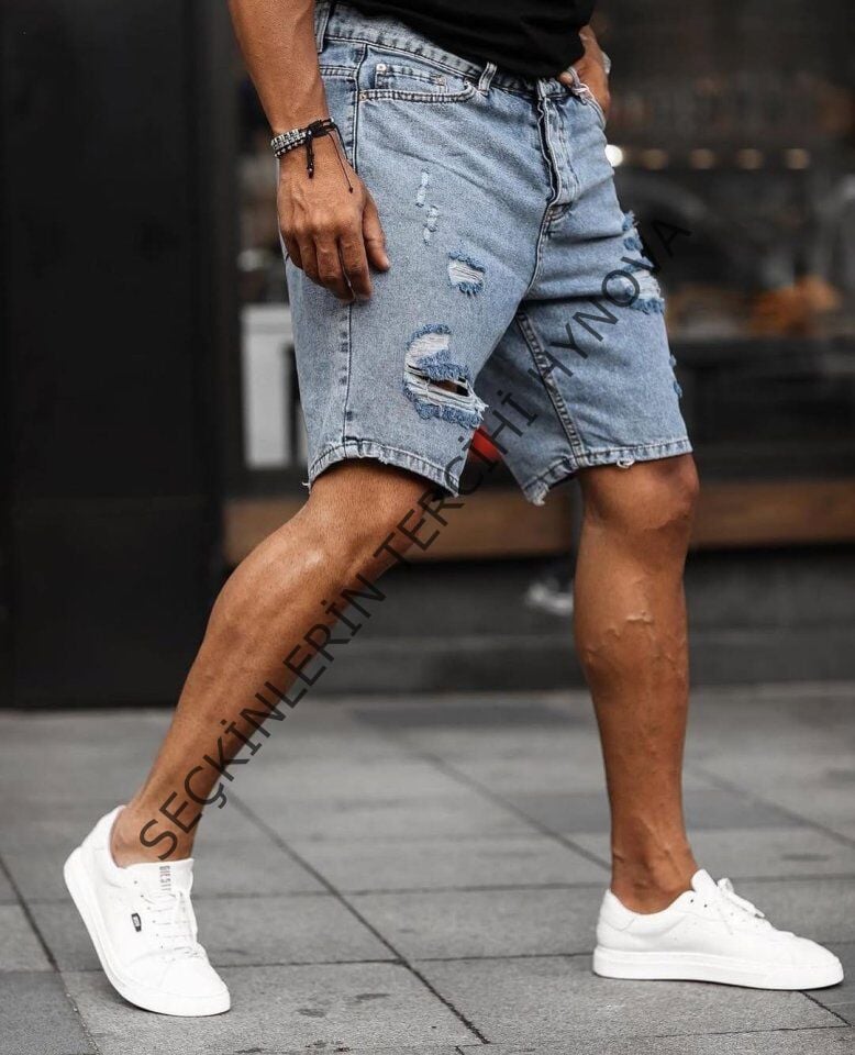 Erkek Buz Mavi Yırtık Detaylı Kot Şort