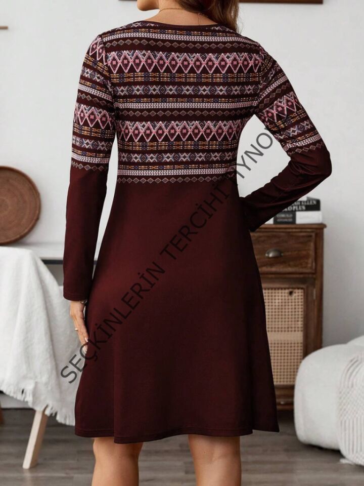 Kadın Uzun Kollu Bisiklet Yaka Etnik Desenli Kısa şardonlu Dalgıç Elbise
