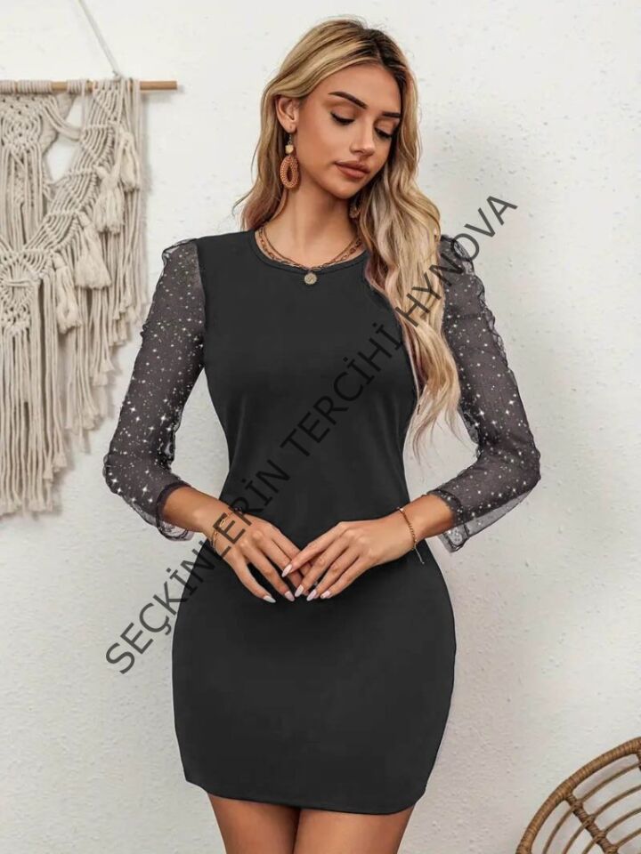 Kadın Bisiklet Yaka Kol Tül Detay Dalgıç Mini Boy Elbise