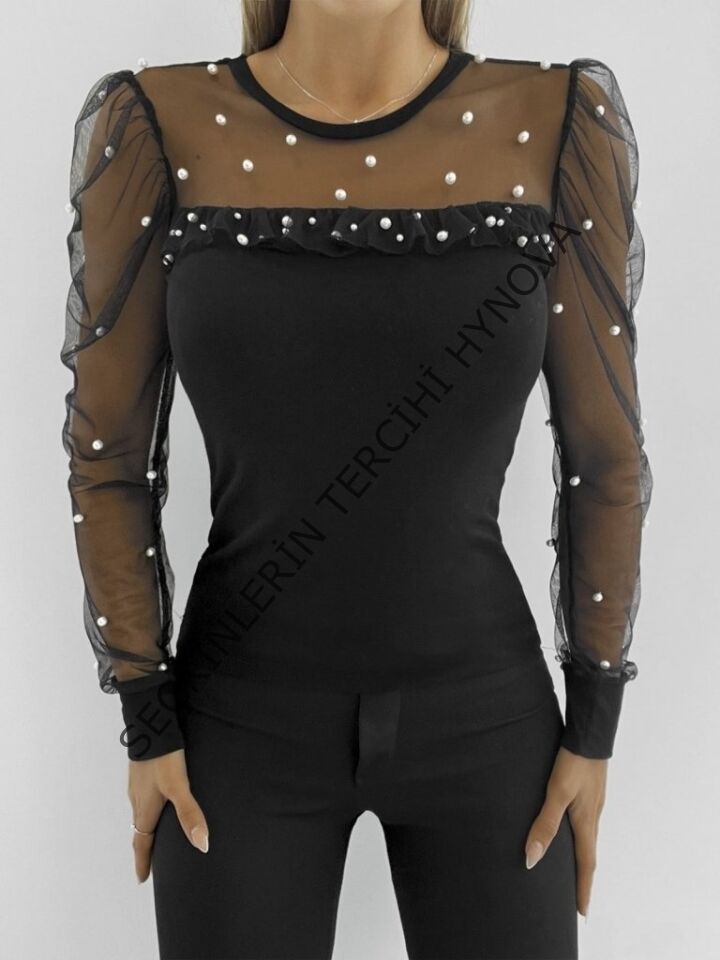 Kadın Uzun Kollu Inci Detaylı Tüllü Viskon Bluz