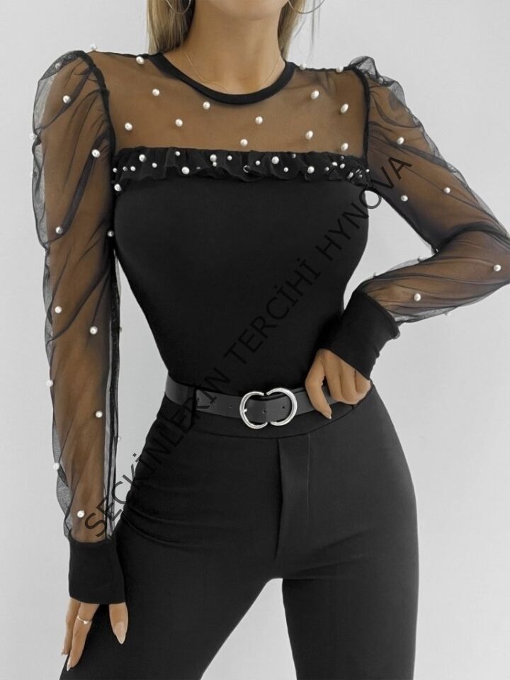 Kadın Uzun Kollu Inci Detaylı Tüllü Viskon Bluz