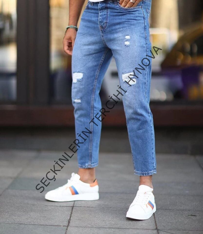 Erkek Mavi Yırtık Detaylı Boyfriend Jean