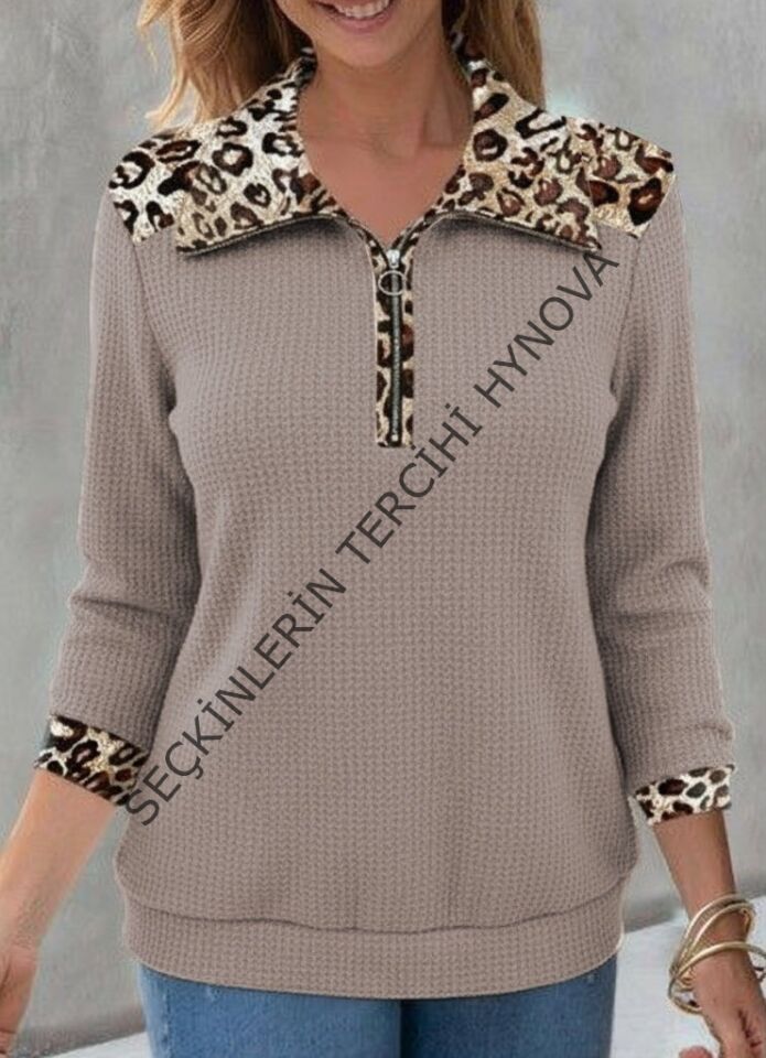 Kadın Uzun Kollu Leopar Yakalı Fermuarlı Waffle Bluz