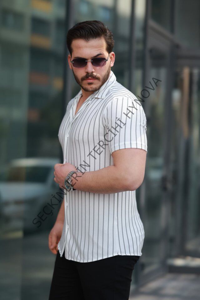 Erkek Kısa Kollu Gri çizgi Desenli örme Kumaş Pamuklu Gömlek