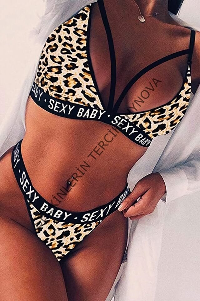 Kadın Leopar Desenli Yazı Detaylı Ipli Sütyen Takımı – Modern, Konforlu ve Günlük Kombinlere Uygun