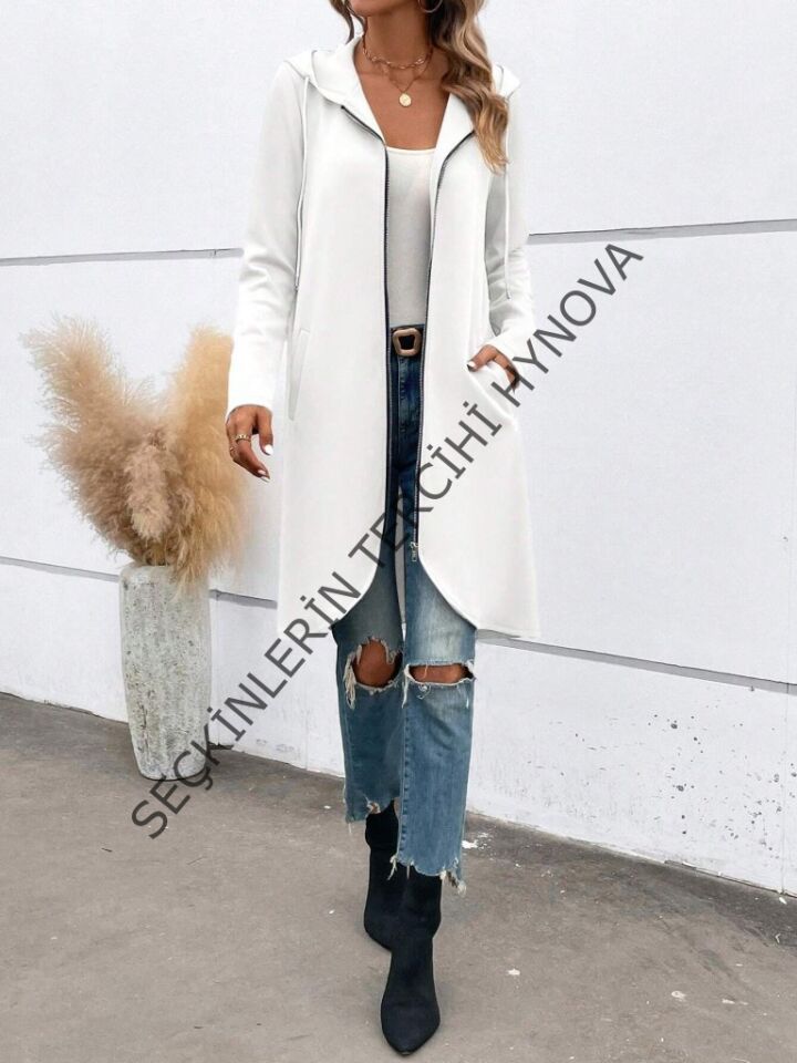 Kadın Uzun Kollu Kapşonlu önden Fermuarlı Midi Dalgıç Ceket