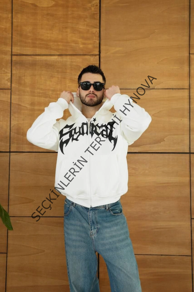 Erkek Kapüşonlu Sweatshirt Hoodie 3 İplik Şardonlu Pamuklu Kumaş, Önü Baskılı, Fermuarlı Rahat Kalıp, Kışlık Ve Sokak Stili Sweat - Beyaz