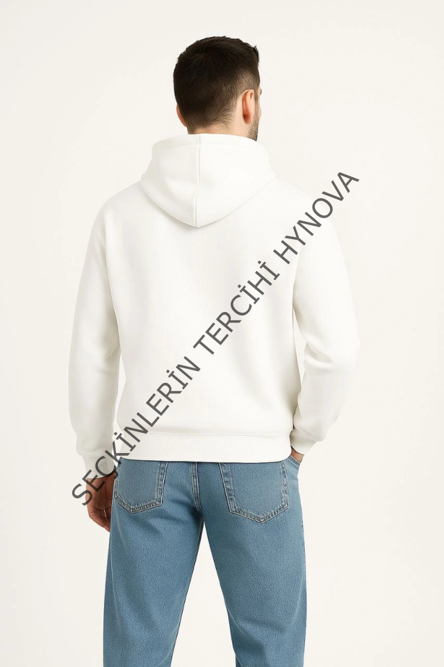 Erkek Kapüşonlu Sweatshirt Hoodie 3 İplik Şardonlu Pamuklu Kumaş, Önü Baskılı, Fermuarlı Rahat Kalıp, Kışlık Ve Sokak Stili Sweat - Beyaz