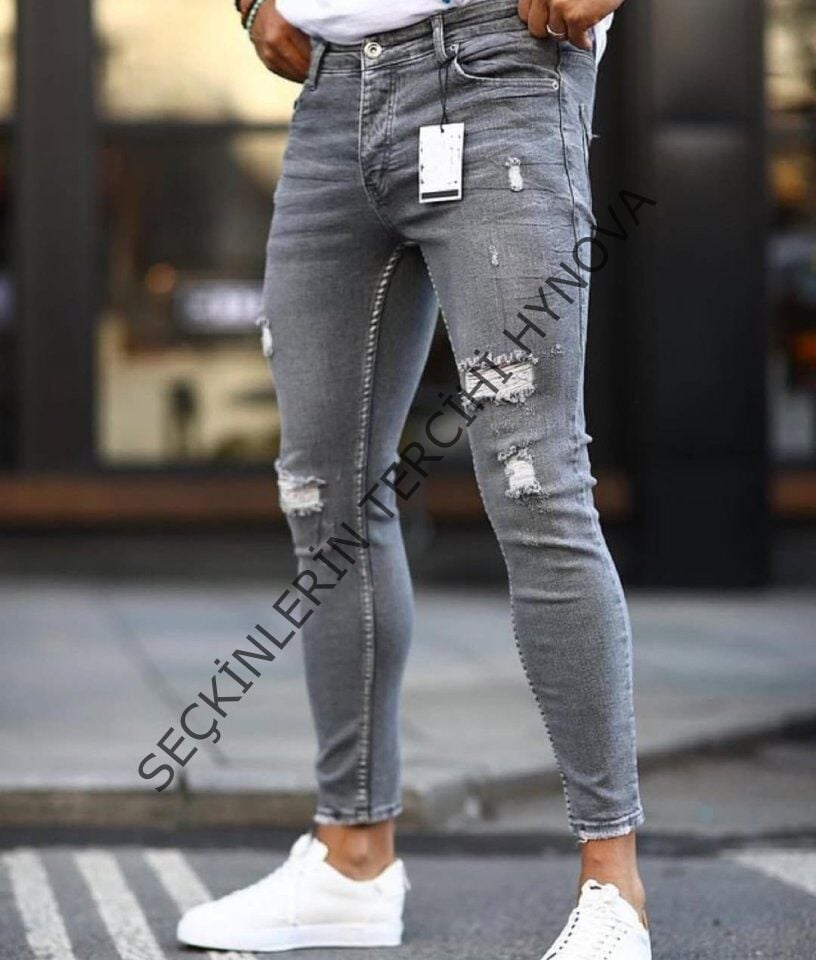 Erkek Koyu Gri Yırtık Detaylı Skinny Jean