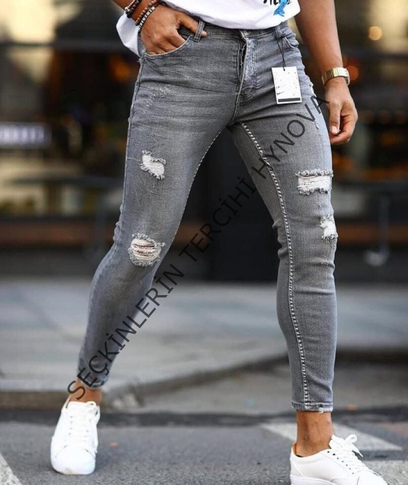 Erkek Koyu Gri Yırtık Detaylı Skinny Jean