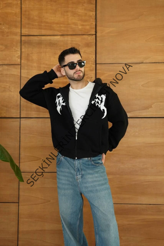 Erkek Kapüşonlu Sweatshirt  Hoodie 3 İplik Şardonlu Pamuklu Kumaş, Önü Baskılı, Fermuarlı Rahat Kalıp, Kışlık Ve Sokak Stili Sweat - Siyah
