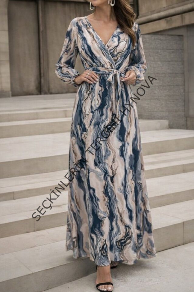 Kadın Uzun Kollu Kruvaze Yakalı Beli Kuşaklı Desenli Süprem Maxi Elbise