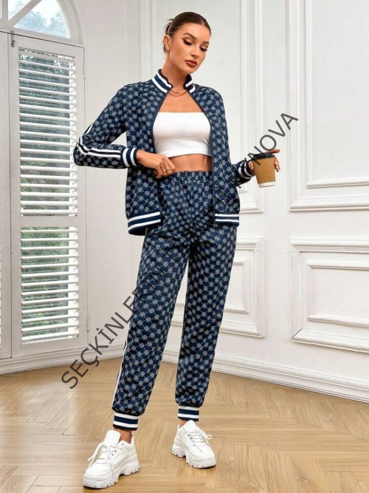 Kadın Uzun Kollu önden Fermuarlı Desenli Iki Iplik Bluz Ve Pantolon Ikili Takım