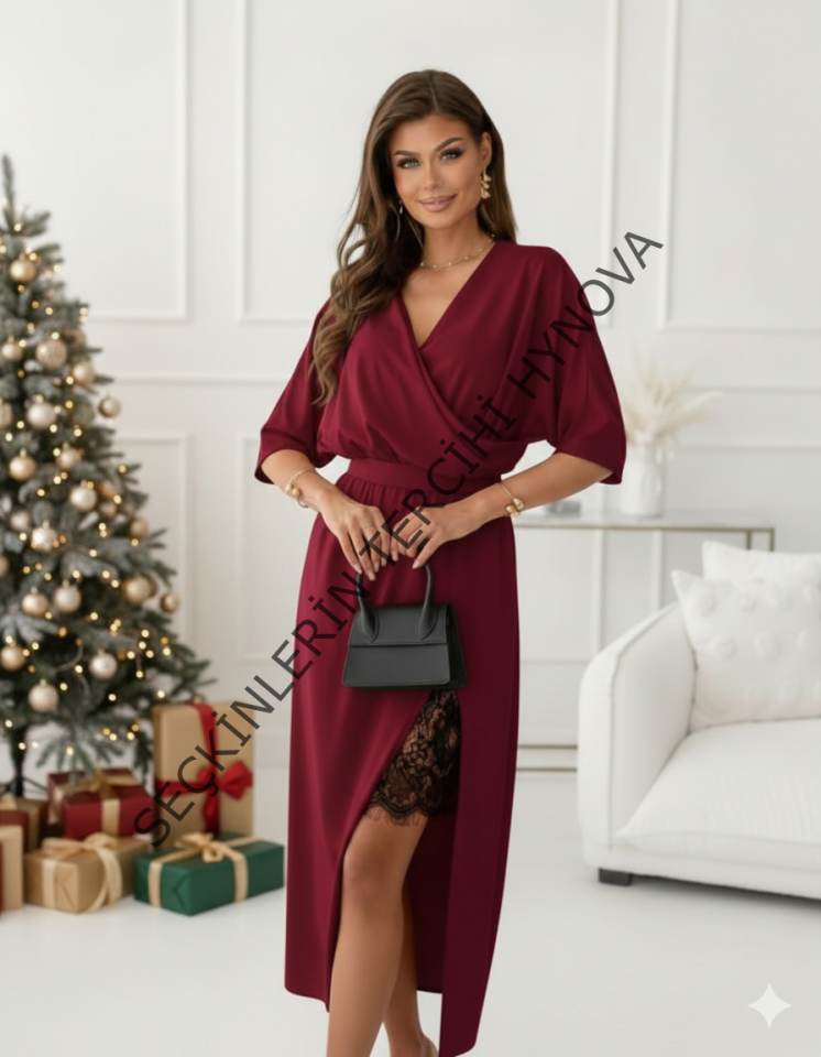 Kadın Uzun Kollu Kruvaze Yakalı Yandan Dantelli Midi Ithal Krep Elbise