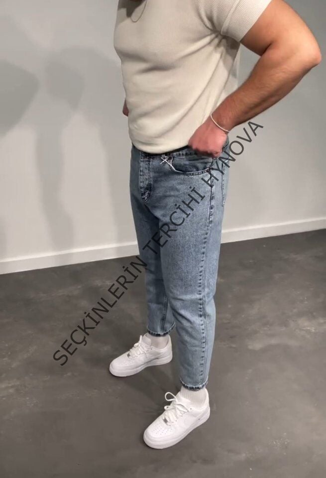 Erkek Kar Yıkamalı Buz Mavi Mom Jean