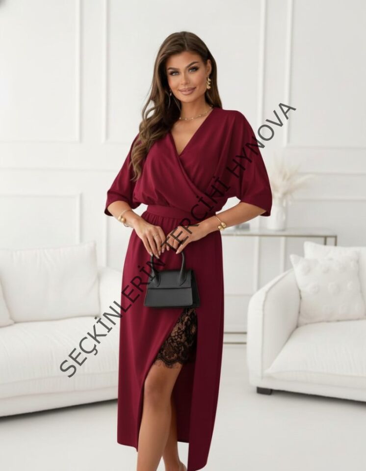 Kadın Uzun Kollu Kruvaze Yakalı Yandan Dantelli Midi Ithal Krep Elbise