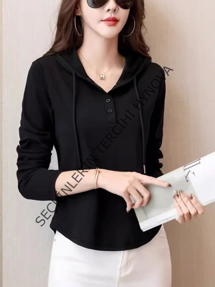Kadın Uzun Kollu Kapşonlu Bağcıklı Düğmeli Viskon Iki Iplik Bluz