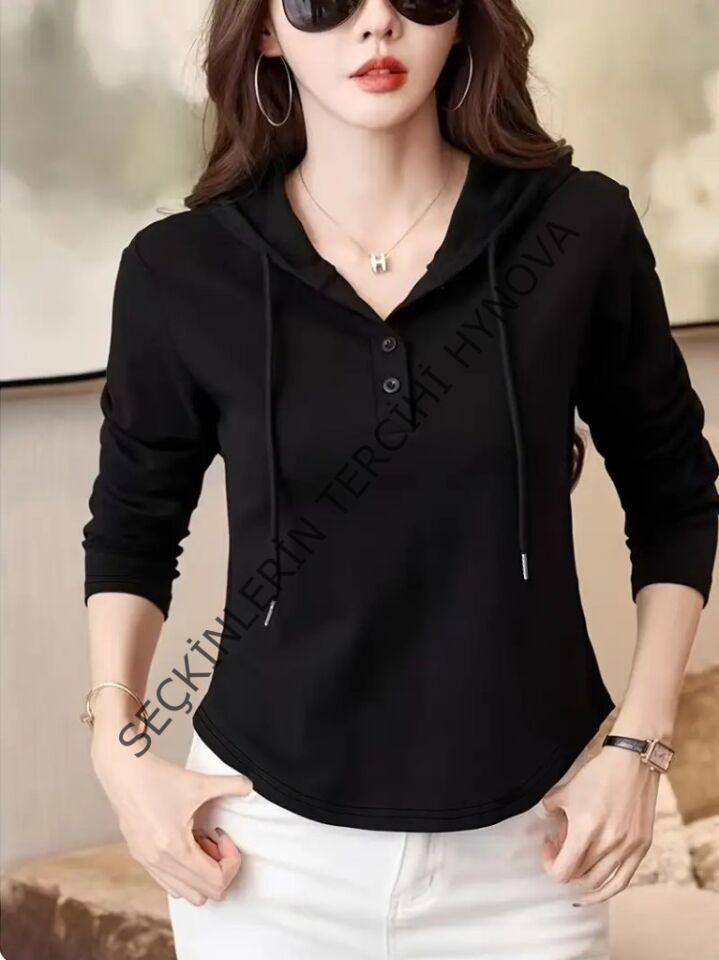 Kadın Uzun Kollu Kapşonlu Bağcıklı Düğmeli Viskon Iki Iplik Bluz