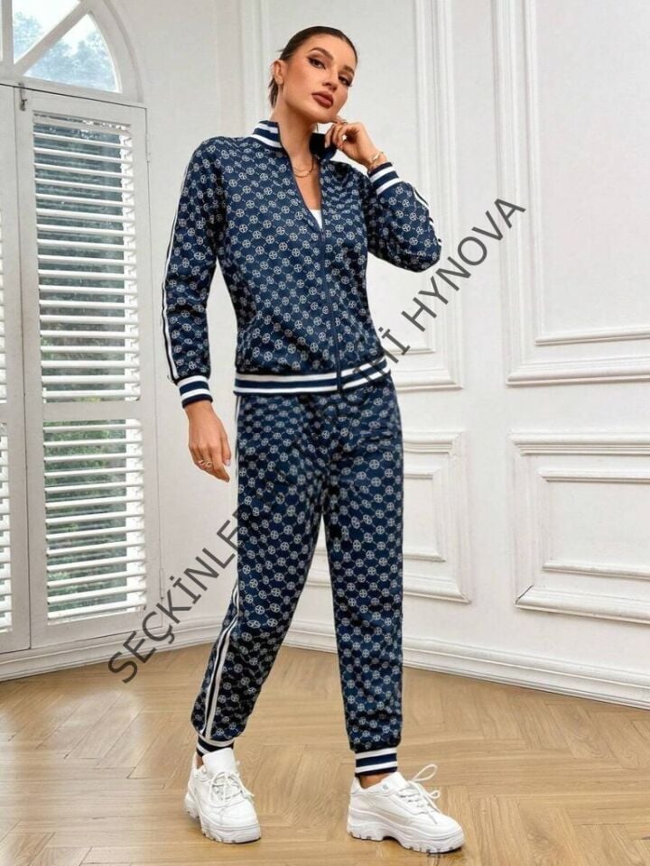 Kadın Uzun Kollu önden Fermuarlı Desenli Iki Iplik Bluz Ve Pantolon Ikili Takım