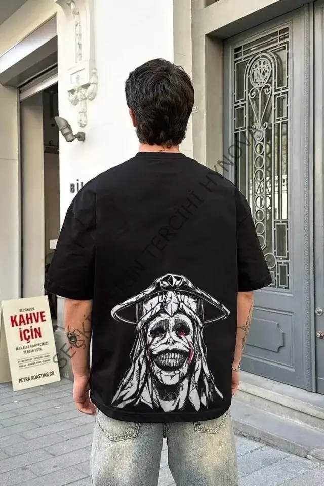 Unisex Bisiklet Yaka Baskılı Oversize T-Shirt - Siyah