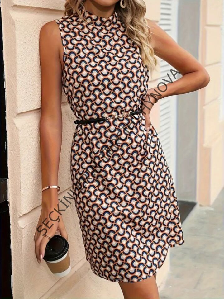 Kadın Balıkçı Yaka Kolsuz Desenli Dalgıç Elbise