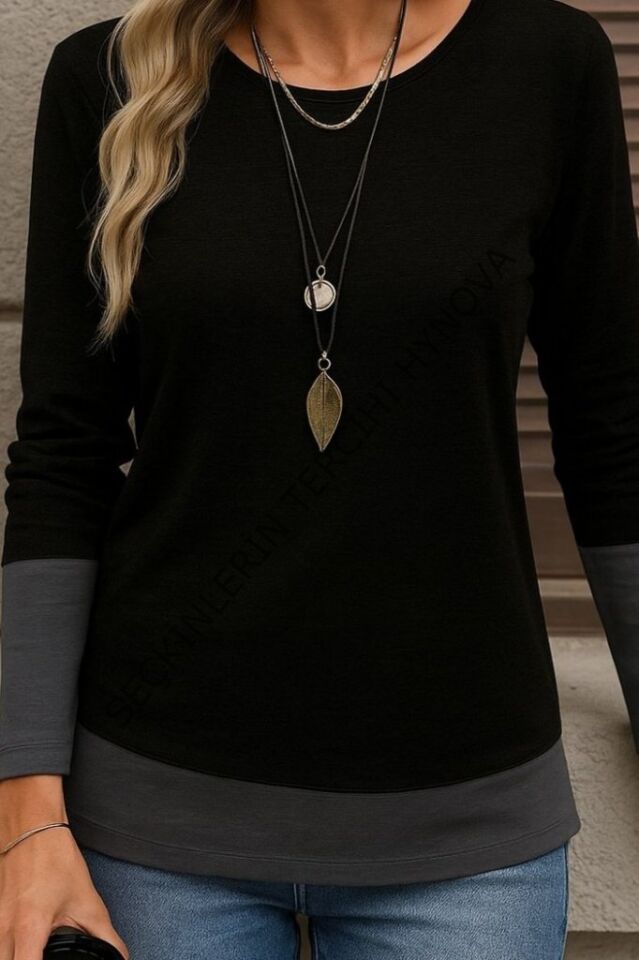 Kadın Uzun Kollu Açık Yuvarlak Yaka Blok Renkli Viskon Bluz