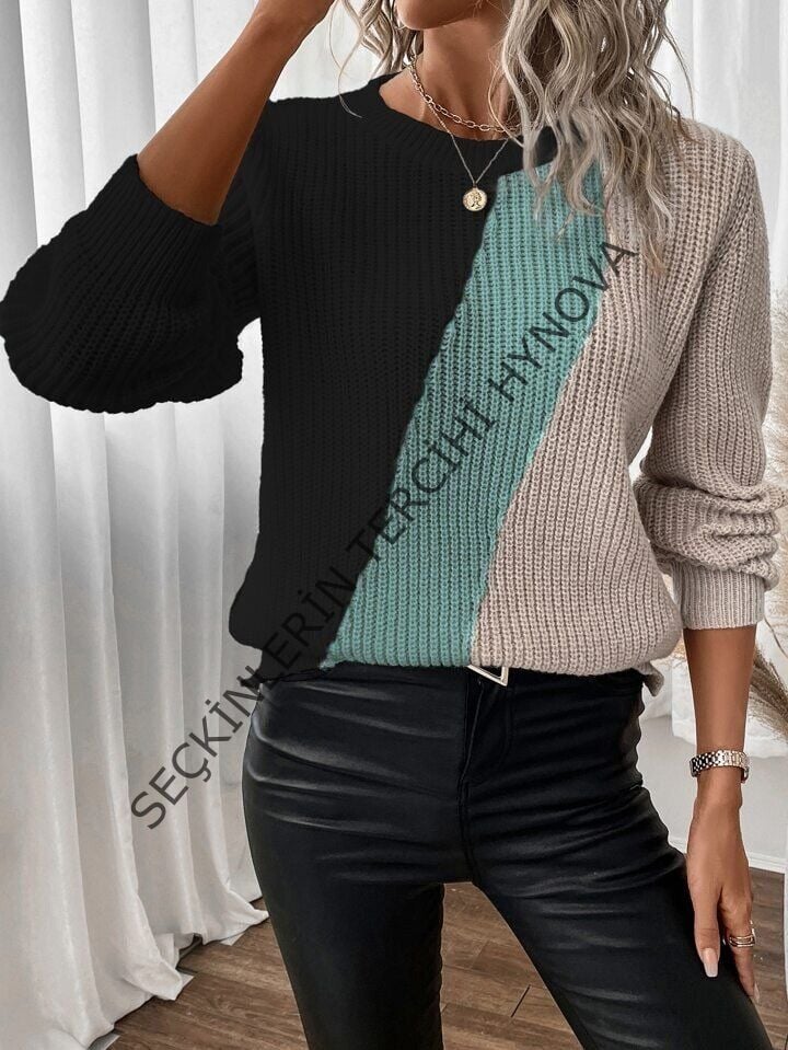 Kadın Uzun Kollu üç Renk Triko Bluz