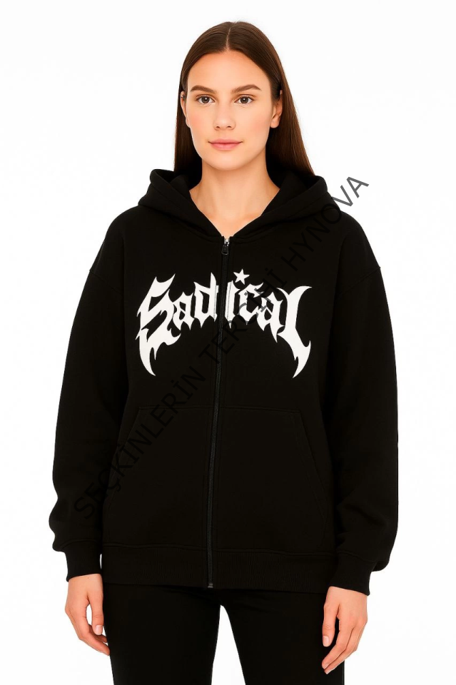 Oversize Kapüşonlu Sweatshirt  Hoodie 3 İplik Şardonlu Pamuklu Kumaş, Önü Baskılı, Fermuarlı Rahat Kalıp, Kışlık Ve Sokak Stili Sweat - Siyah