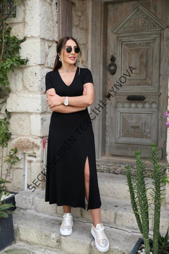 Kadın Kısa Kollu V Yaka Maxi Boy Elbise 124 Cm