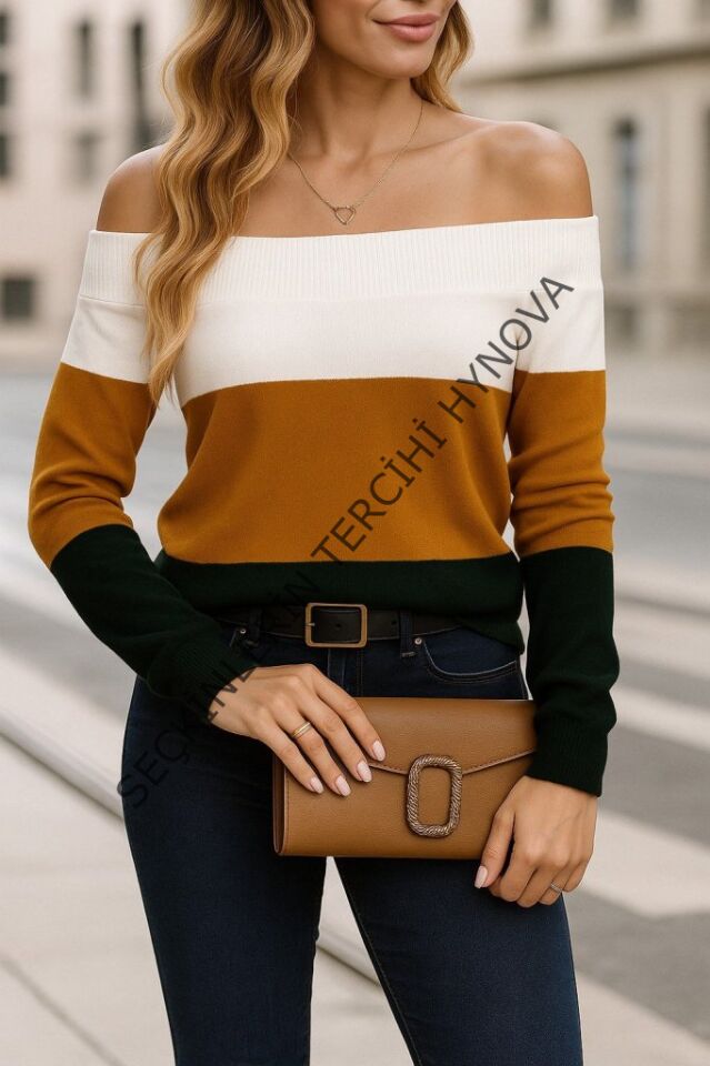 Kadın Uzun Kollu Omuzlardan Açık Uzun Kollu Blok çizgili Triko Bluz