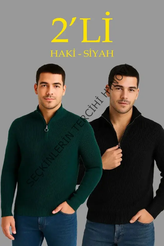 Erkek Fitilli Triko Kazak 2’li Set – Siyah - Haki Kalın Dokuma Pamuklu Regular Fit V Yaka Fermuarlı Uzun Kollu Rahat Kışlık Kazak Kombini