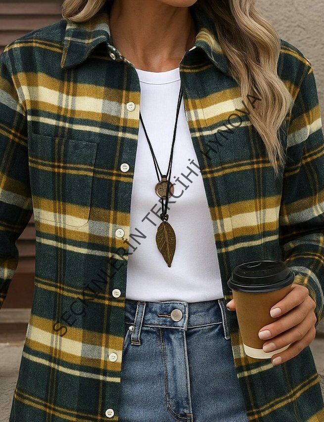 Kadın Uzun Kollu Kare Desenli önden Düğmeli Dokuma Gömlek