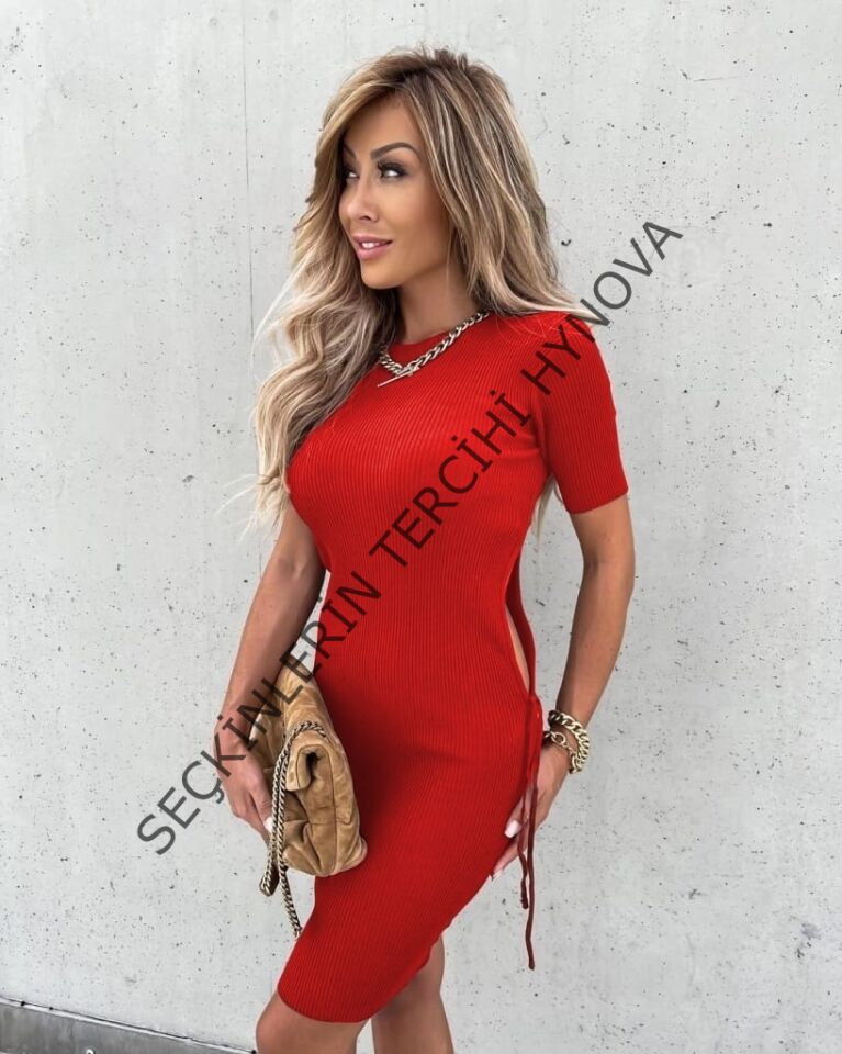 Kadın Kırmızı Kısa Kol Bel Detay Kaşkorse Elbise