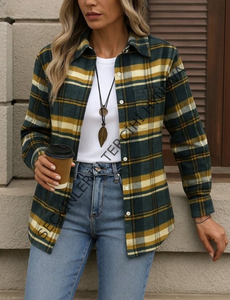 Kadın Uzun Kollu Kare Desenli önden Düğmeli Dokuma Gömlek